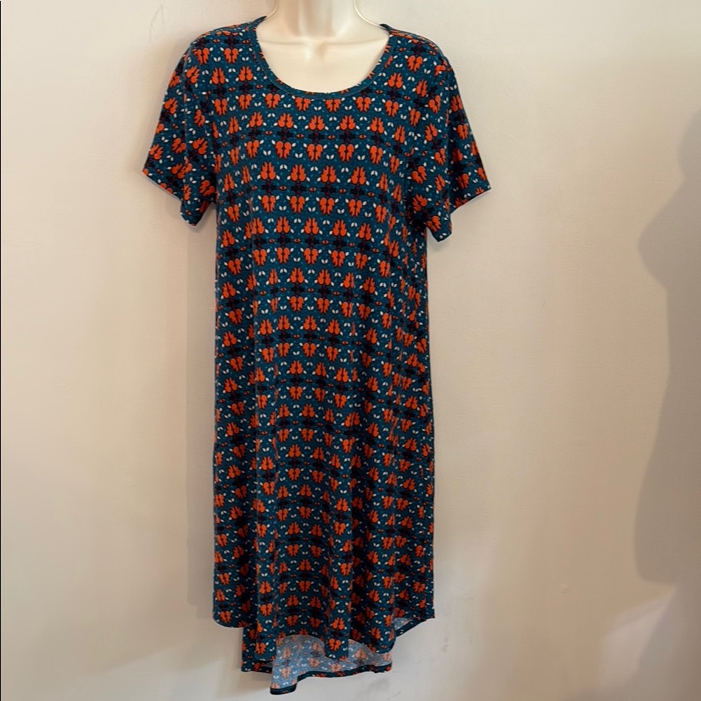 LuLaRoe t-shirt dress with Teal & Orange Geometric Motif midi - Small-Medium
